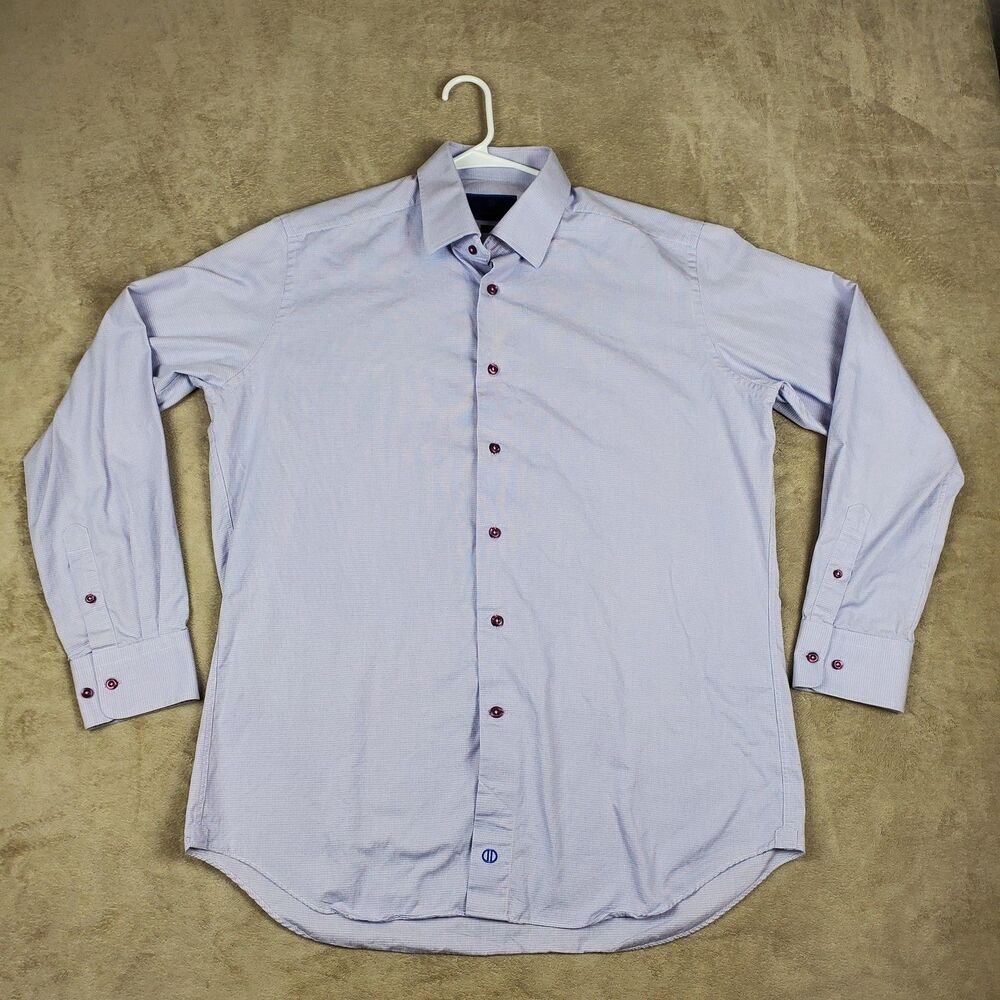 David Donahue Shirt Mens 17 34/35 Blue Check Trim Fit Long Sleeve Dress Shirt